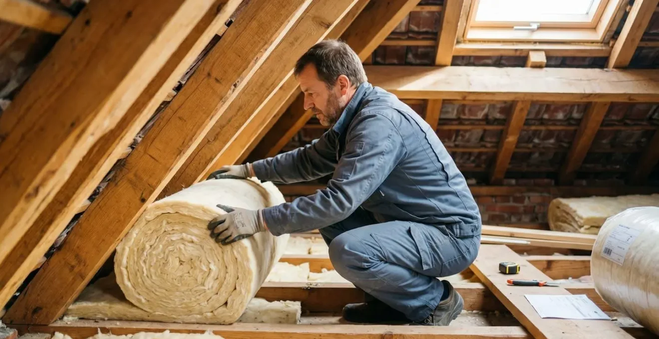 Artisan certifié RGE installant rouleaux d'isolation thermique dans combles d'habitation avec poutres apparentes et lumière naturelle