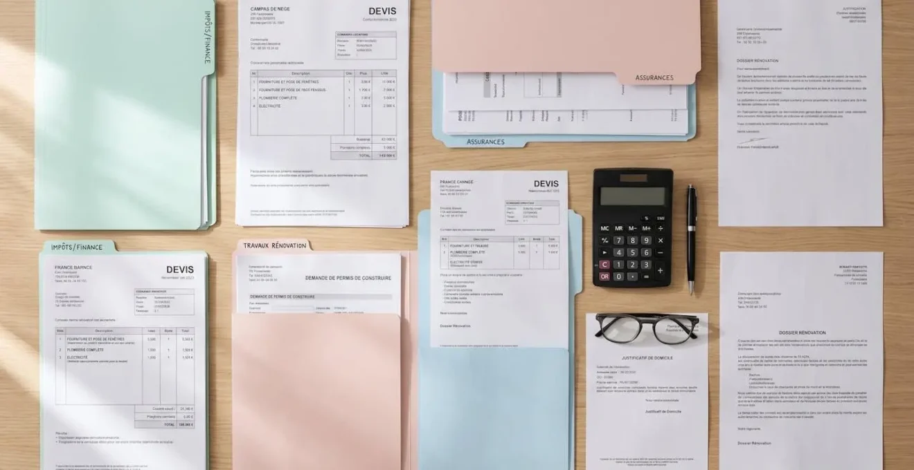 Vue en plongée sur bureau domestique avec documents administratifs classés, devis travaux, calculatrice et pochettes de rangement organisés méthodiquement