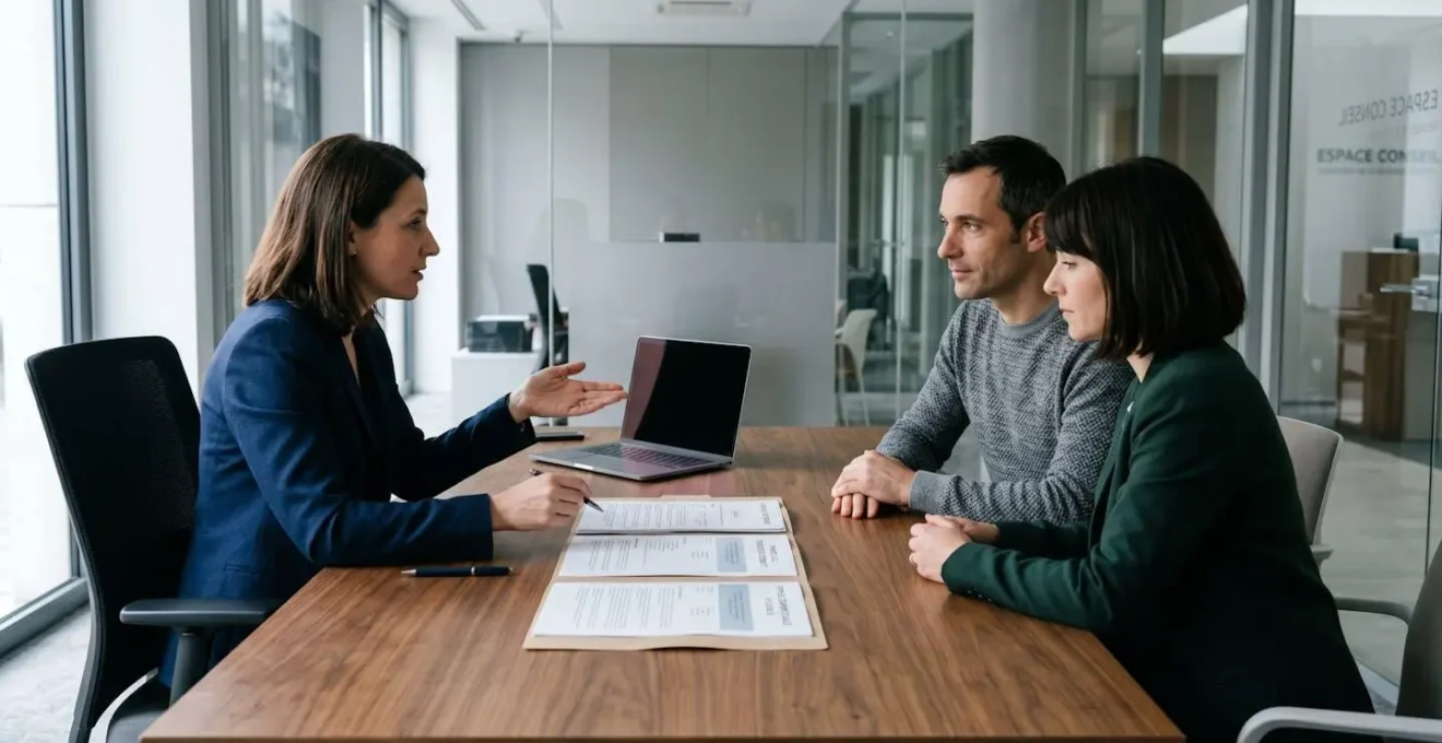 Conseiller bancaire présentant trois dossiers de financement distincts ouverts sur bureau moderne à un couple en consultation