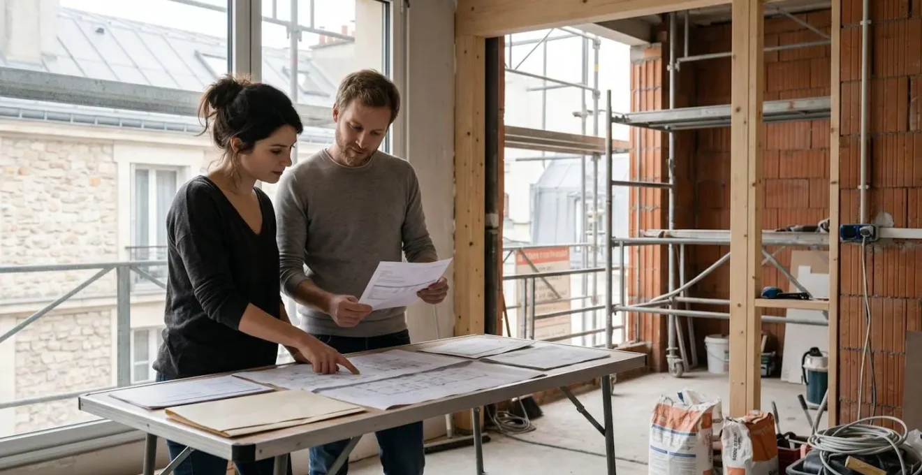 Couple de trentenaires consultant documents financiers et plans de rénovation dans une pièce en cours de travaux avec murs bruts et échafaudage visible