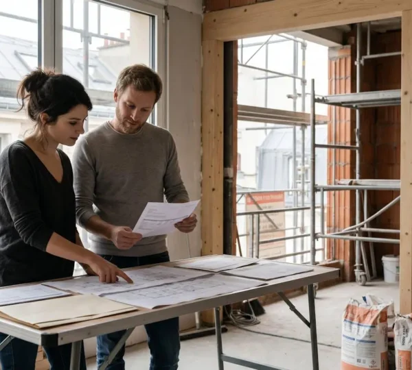 Couple de trentenaires consultant documents financiers et plans de rénovation dans une pièce en cours de travaux avec murs bruts et échafaudage visible