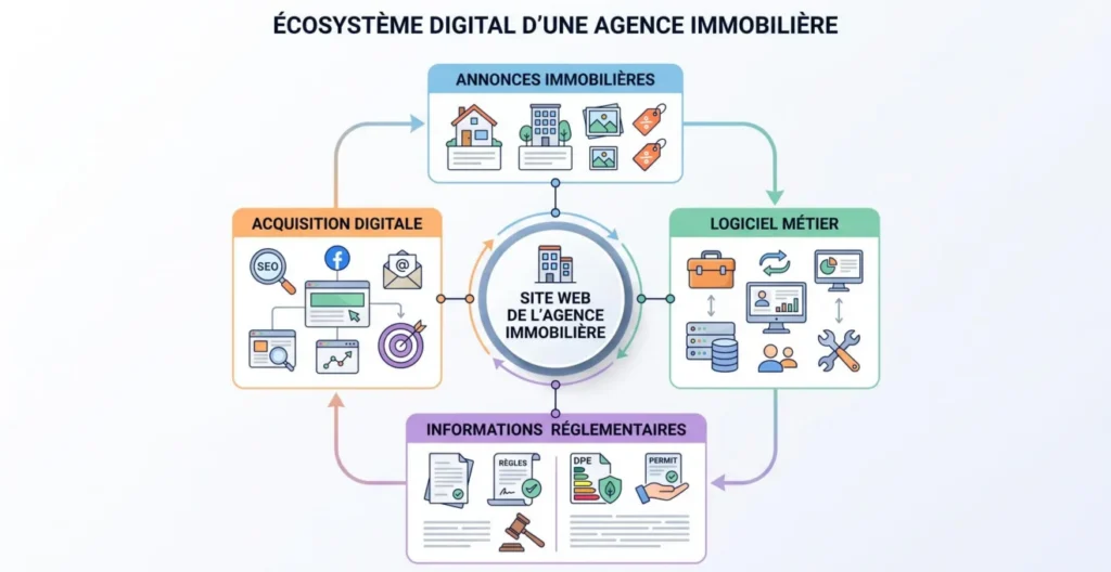 Schéma des principaux éléments techniques et métiers autour d'un site d'agence immobilière